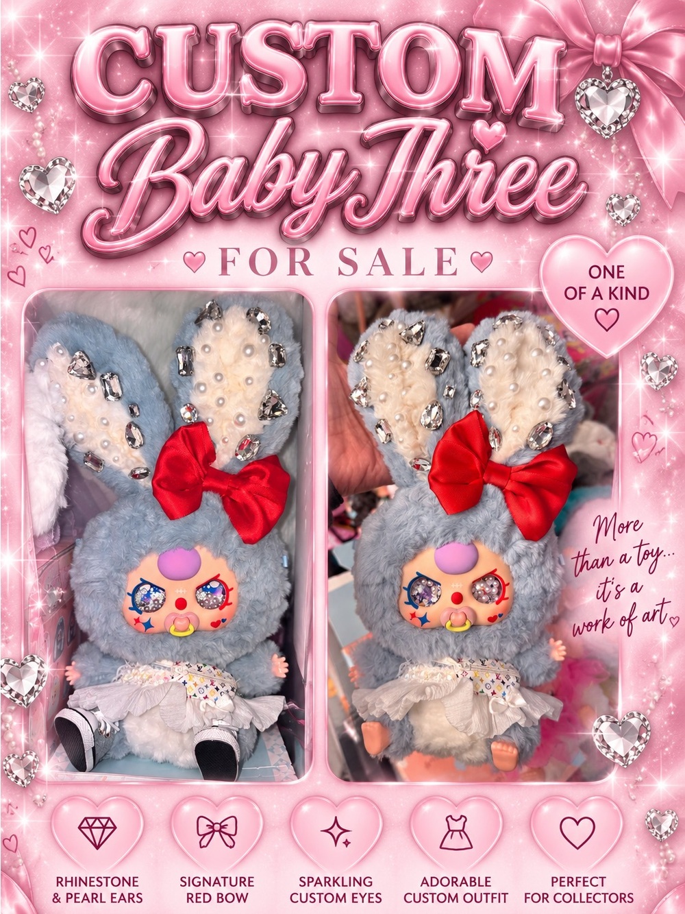 Custom BabyThree Plush Bunny Toy - Pink & Gray with Red Bow